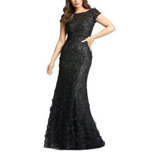 Mac Duggal Dress Size 6 Women Black Floral Applique Boat Neck Short Sleeve Grown